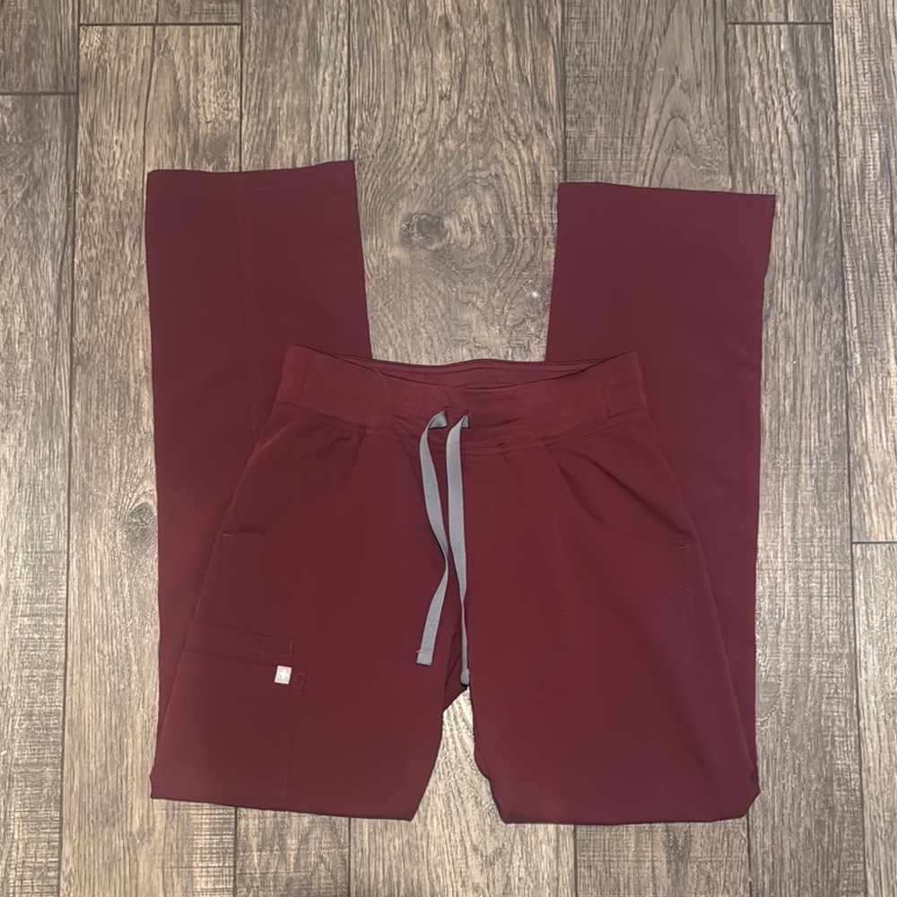 Figs Maroon Jogger Pants with Light Gray Drawstring
